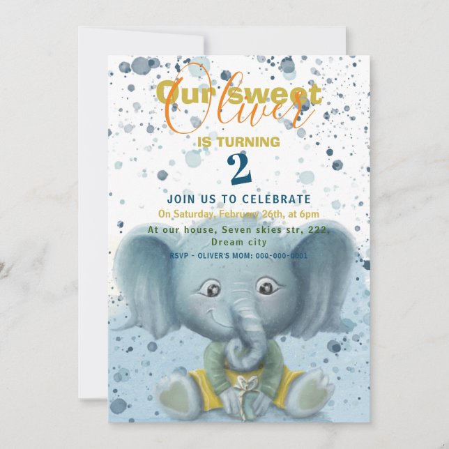 Little elephant baby boy birthday announcement (Front)