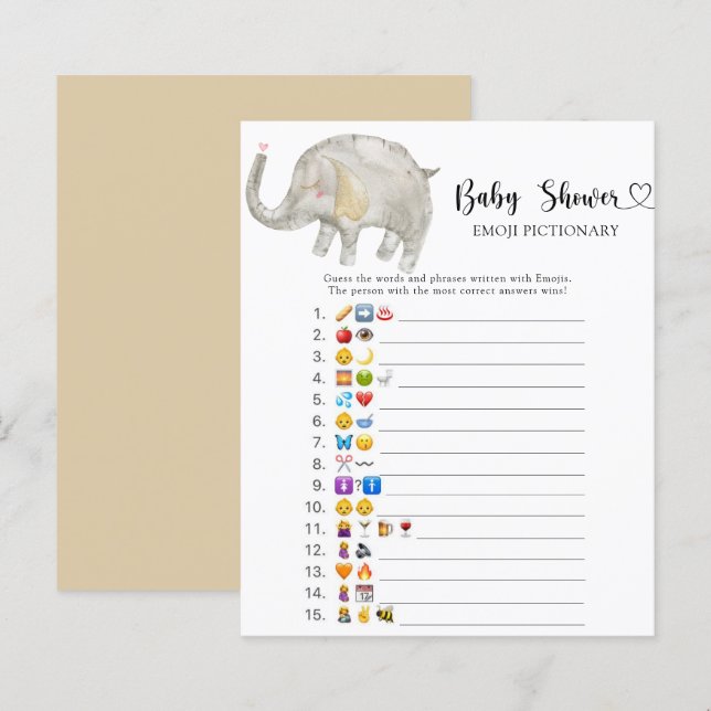 Little Elephant baby shower emoji pictionary game (Front/Back)