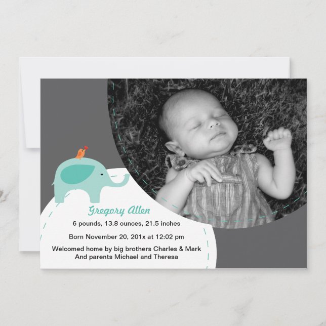 Little Elephant Birth Announcement (Blue) (Front)