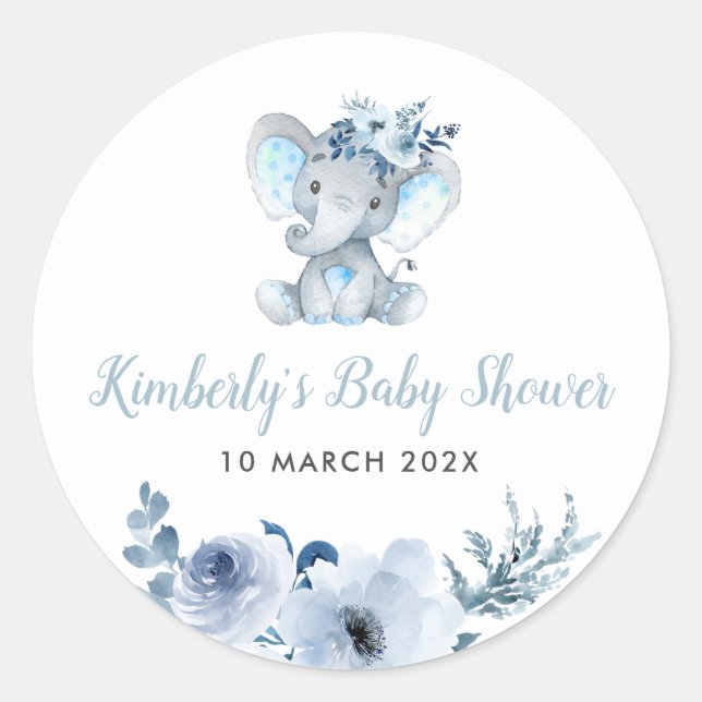 Little elephant blue floral baby shower classic round sticker (Front)