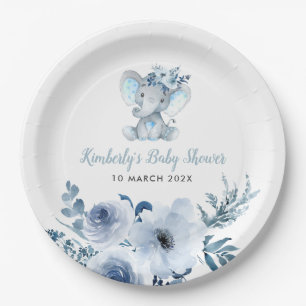 Little elephant blue floral baby shower  paper plate
