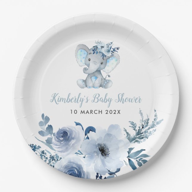 Little elephant blue floral baby shower  paper plate (Front)