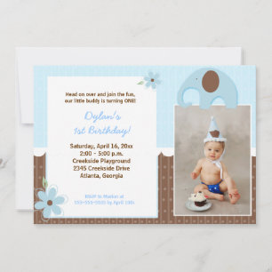 Little Elephant (Blue) Mod Birthday Invitation 5x7