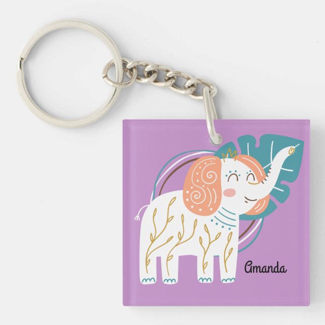 Little Elephant Boho Custom Name Key Ring (Front)