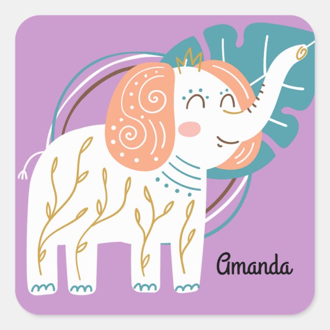 Little Elephant Boho Custom Name Square Sticker (Front)