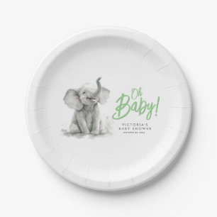 Little Elephant Cute Green Grey Baby Shower  Paper Plate