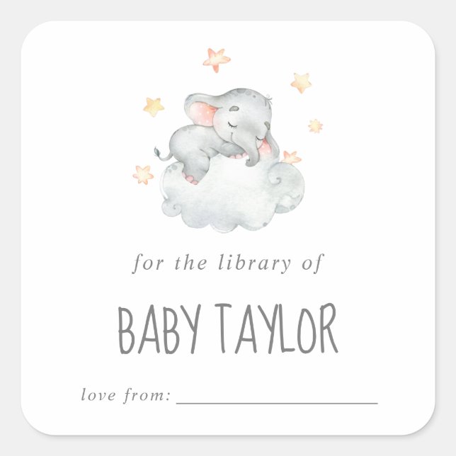 Little Elephant Girl Baby Shower Bookplate Square Sticker (Front)