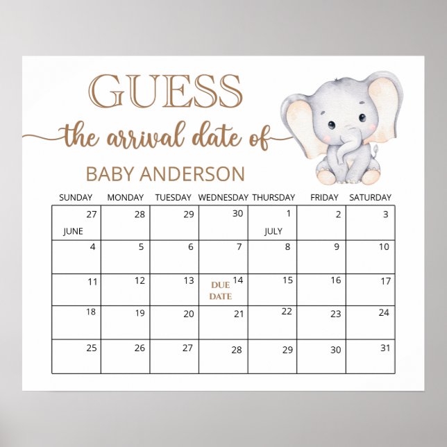 Little Elephant Guess Due Date Calendar Poster (Front)