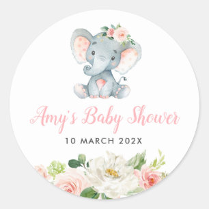 Little elephant pink floral baby shower  classic round sticker