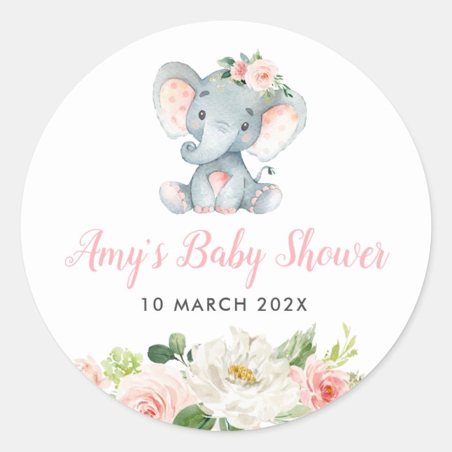 Little elephant pink floral baby shower  classic round sticker (Front)