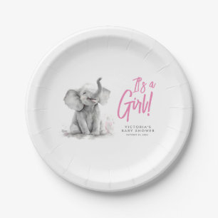 Little Elephant Pink It's a Girl Baby Shower Paper Plate
