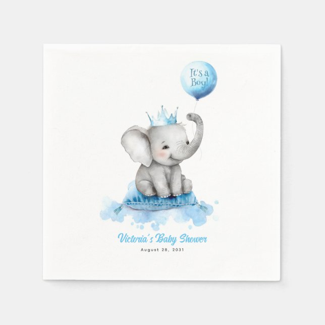 Little Elephant Prince Cute Blue Baby Shower Napkin (Front)