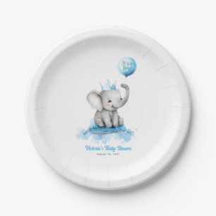 Little Elephant Prince Cute Blue Baby Shower Paper Plate