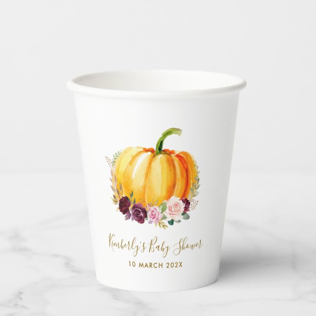 Little elephant pumpkin floral baby shower  paper cups (Front)