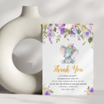 little elephant purple baby shower thank you card<br><div class="desc">Baby shower thank you card with lovely script,  purple flowers and an adorable baby elephant. The text and colors can be personalized.</div>