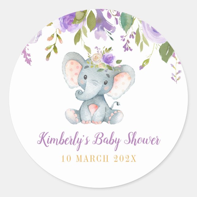 Little elephant purple floral baby shower  classic round sticker (Front)