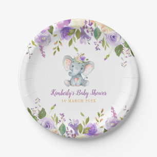 Little elephant purple floral baby shower paper plate