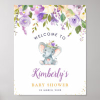 Little elephant purple floral baby shower welcome