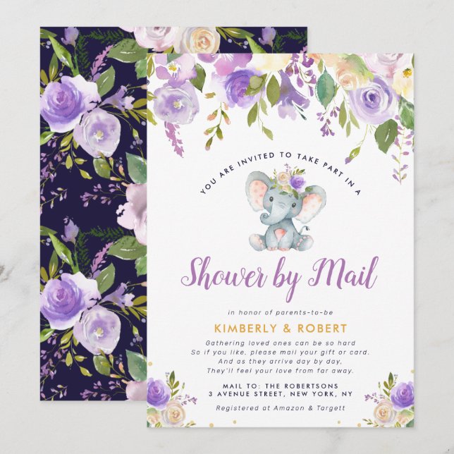 little elephant purple floral shower by mail invitation (Front/Back)