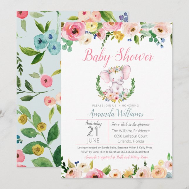 Little Elephant Spring Summer Flowers Baby Shower Invitation (Front/Back)