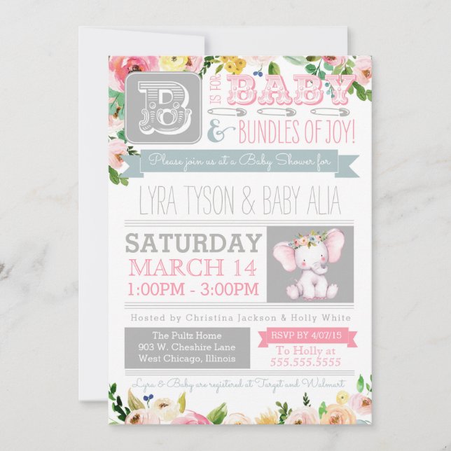 Little Elephant Watercolor Floral Baby Shower Invitation (Front)