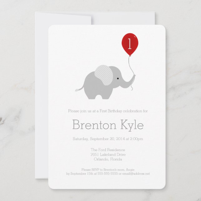 Little Elephant with Balloon Birthday Invitation (Front)