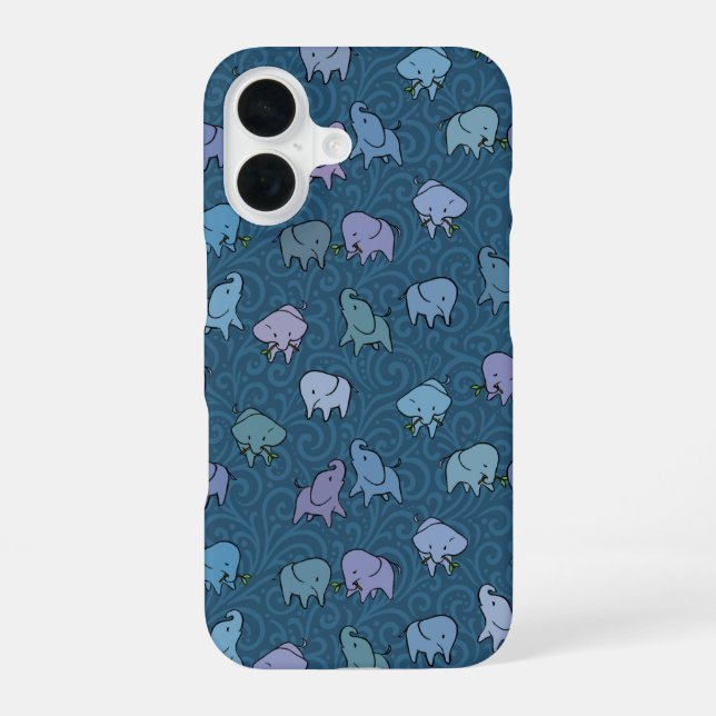 Little Elephants Blue Swirl iPhone 16 Case (Back)
