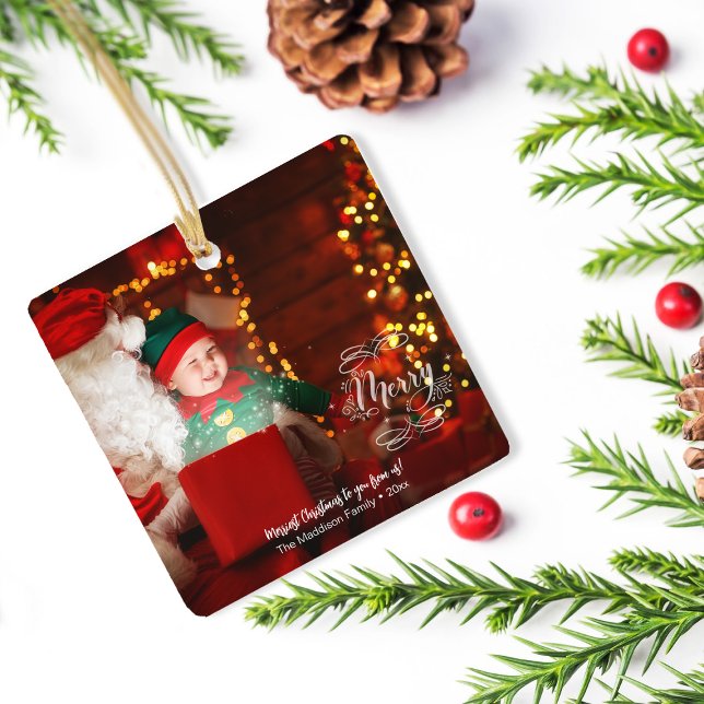 Little Elf Sees Santa Merry Holiday Greeting Ceramic Ornament (Creator Uploaded)