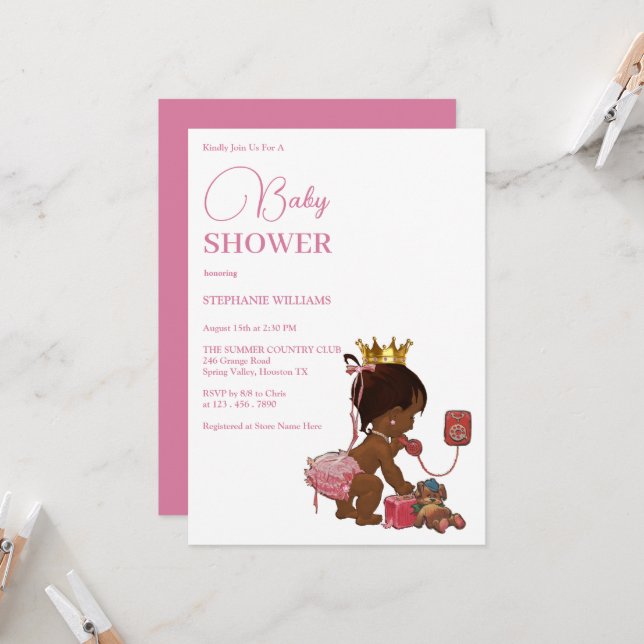 Little Ethnic Girl With A Crown Baby Shower Invitation (Front/Back In Situ)