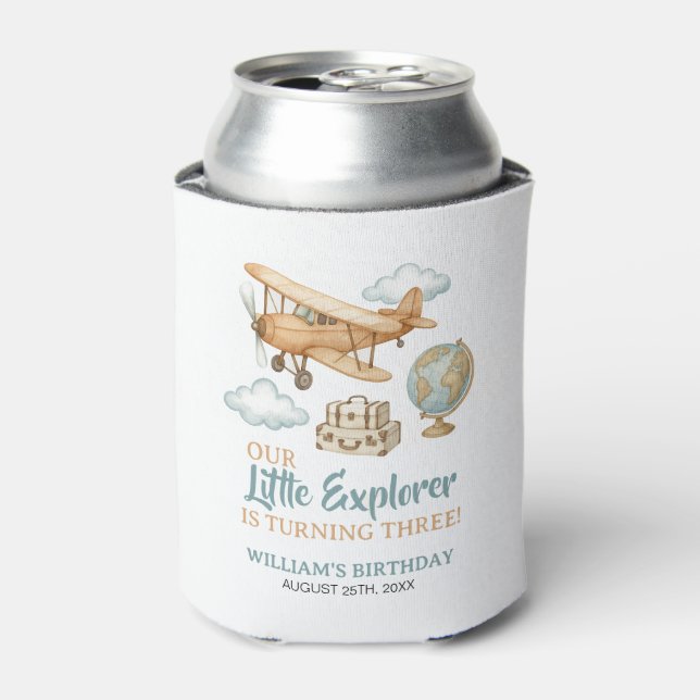Little Explorer Aeroplane Birthday Can Cooler (Can Front)