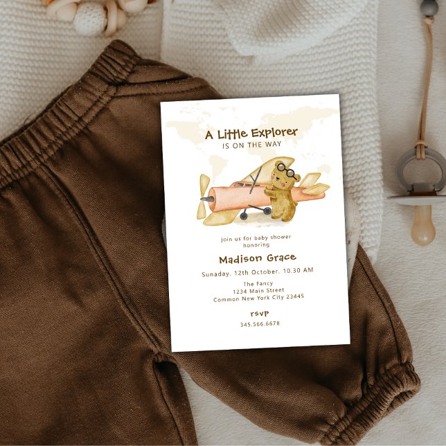 Little Explorer Bear Map Aeroplane Baby Shower Invitation (Little Explorer Bear Map Airplane Baby Shower Invitation)