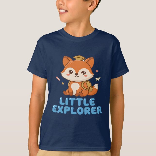 Little Explorer Cute Fox with Backpack & Cap T-Shirt (Front)