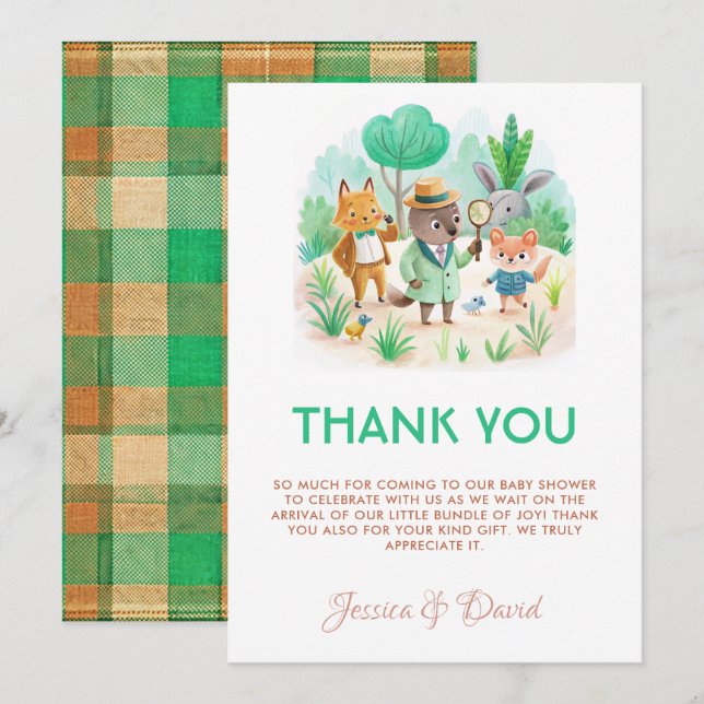Little Explorer Forest Detective Boy Baby Shower Thank You Card (Front/Back)
