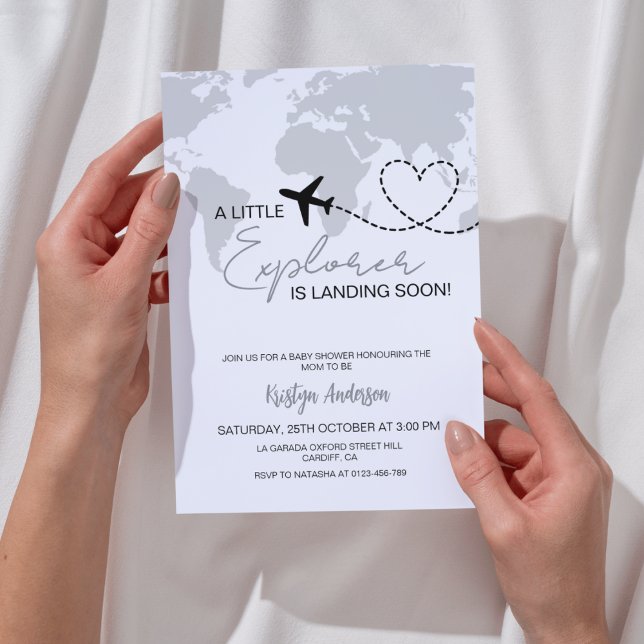 Little Explorer is Landing Soon Grey Baby Shower  Invitation (Creator Uploaded)