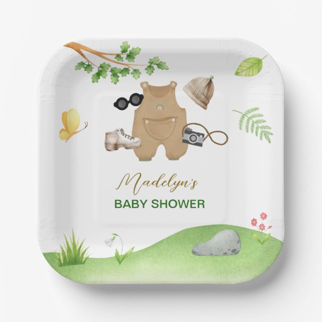 Little Explorer Woodland Forest Hiking Baby Shower Paper Plate (Front)