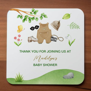 Little Explorer Woodland Forest Hiking Baby Shower Square Sticker