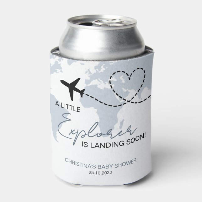 Little Explorer World Map Baby Shower Can Cooler (Can Front)