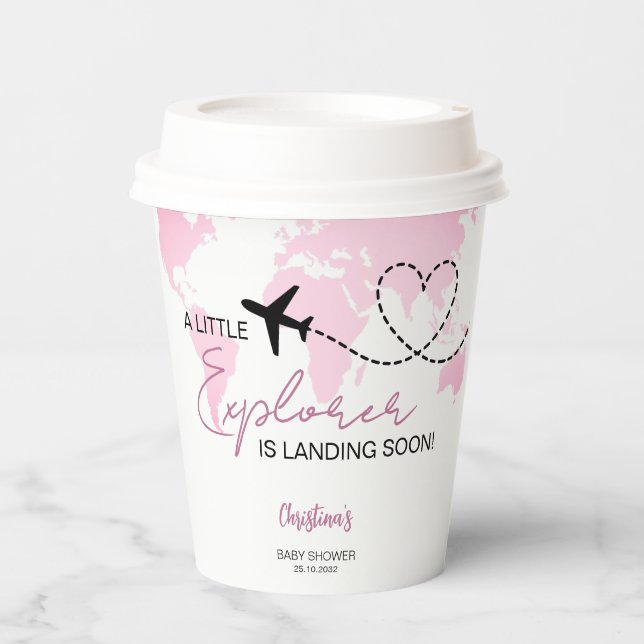 Little Explorer World Map Pink Baby Shower Paper Cups (Front)