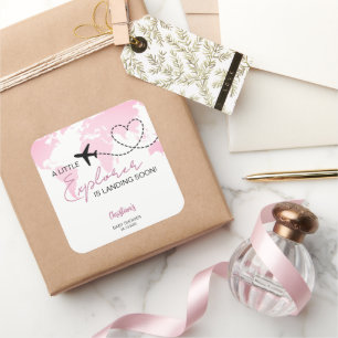 Little Explorer World Map Pink Baby Shower Square Sticker