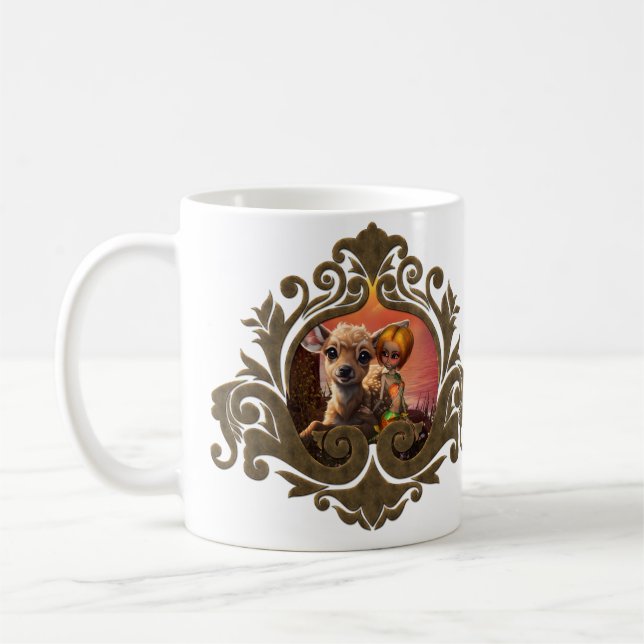 Little fairy and the cute fawn.  coffee mug (Left)