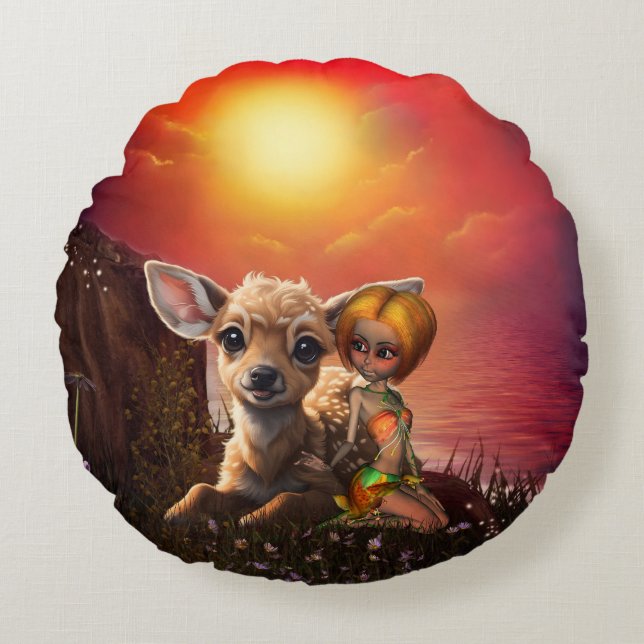 Little fairy and the cute fawn.  round cushion (Front)