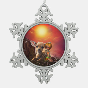 Little fairy and the cute fawn.  snowflake pewter christmas ornament