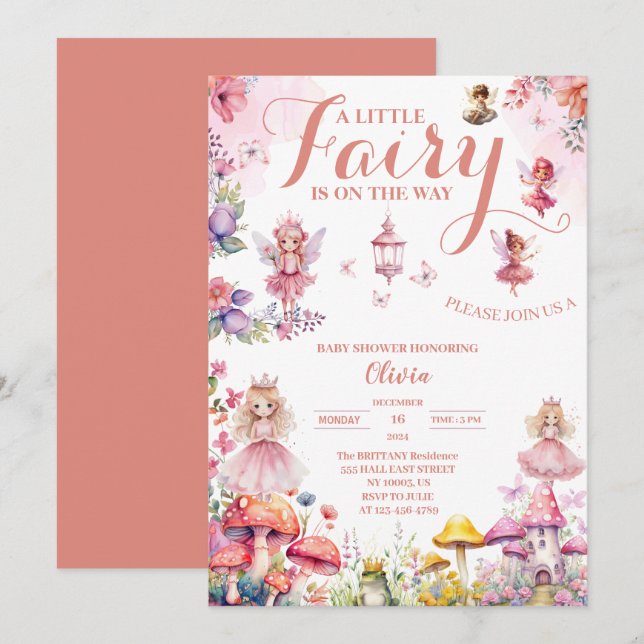 little fairy baby shower blush roses floral pink  invitation (Front/Back)