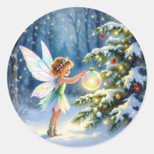 Little Fairy Decorating Christmas Trees Classic Round Sticker