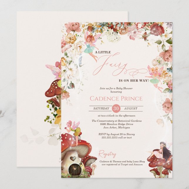 Little Fairy Floral Garden Baby Girl Shower Invitation (Front/Back)