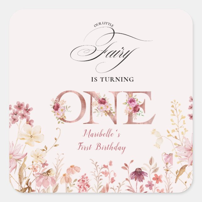 Little Fairy Floral Garden First Birthday  Square Sticker (Front)