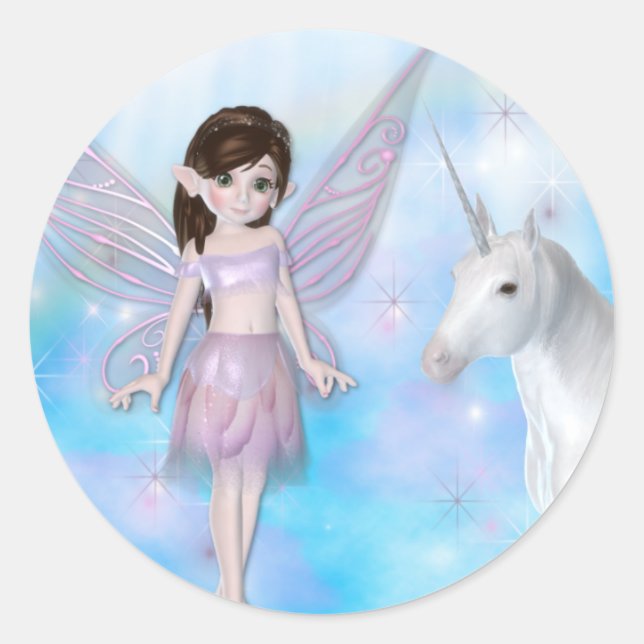 Little Fairy w/Unicorn Designs Classic Round Sticker (Front)