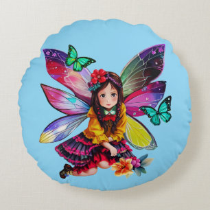 Little Fairy with Butterflies Round Cushion