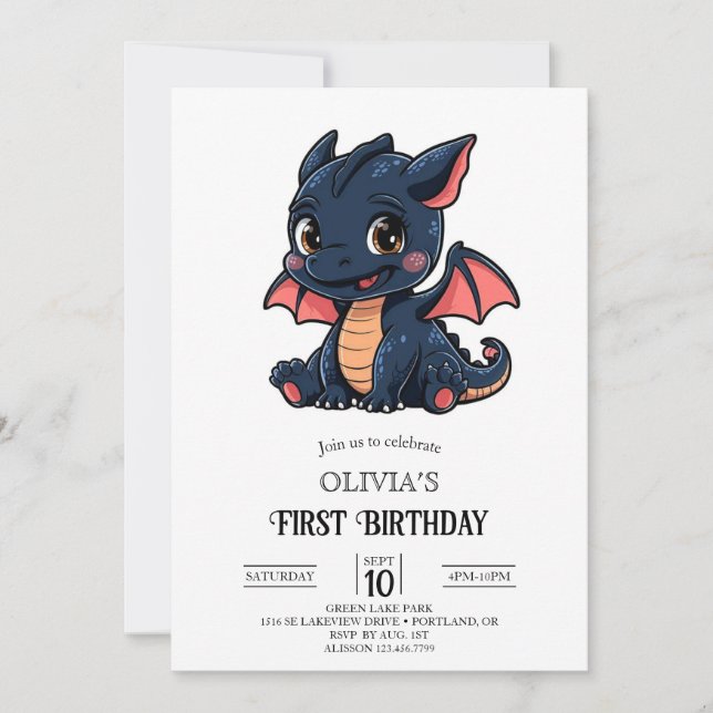 Little Fantasy Digital Dragon 1st Birthday Invitation (Front)