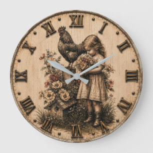 Little Farm Girl & Rooster Rustic Farmhouse Large Clock
